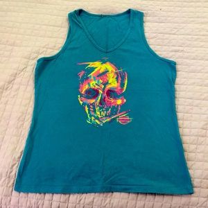 Teal colored flowy HD tank. Tag was cut out but it’s a medium.